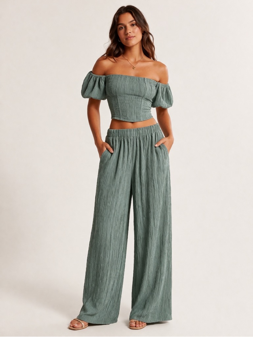 Abercrombie crinkle Crop Top & Wide-Leg Pull-On Pants Set — Sage Green